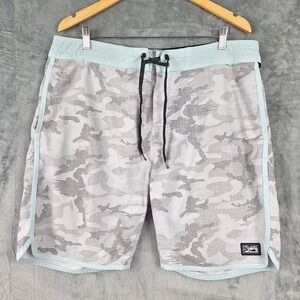 Pelagic Board Shorts 36 Gray Camo High Performance Swim Trunks Fishing Beach